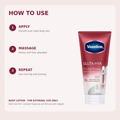 Directions for applying Vaseline Gluta-Hya Pro-Age Restore body lotion morning and evening