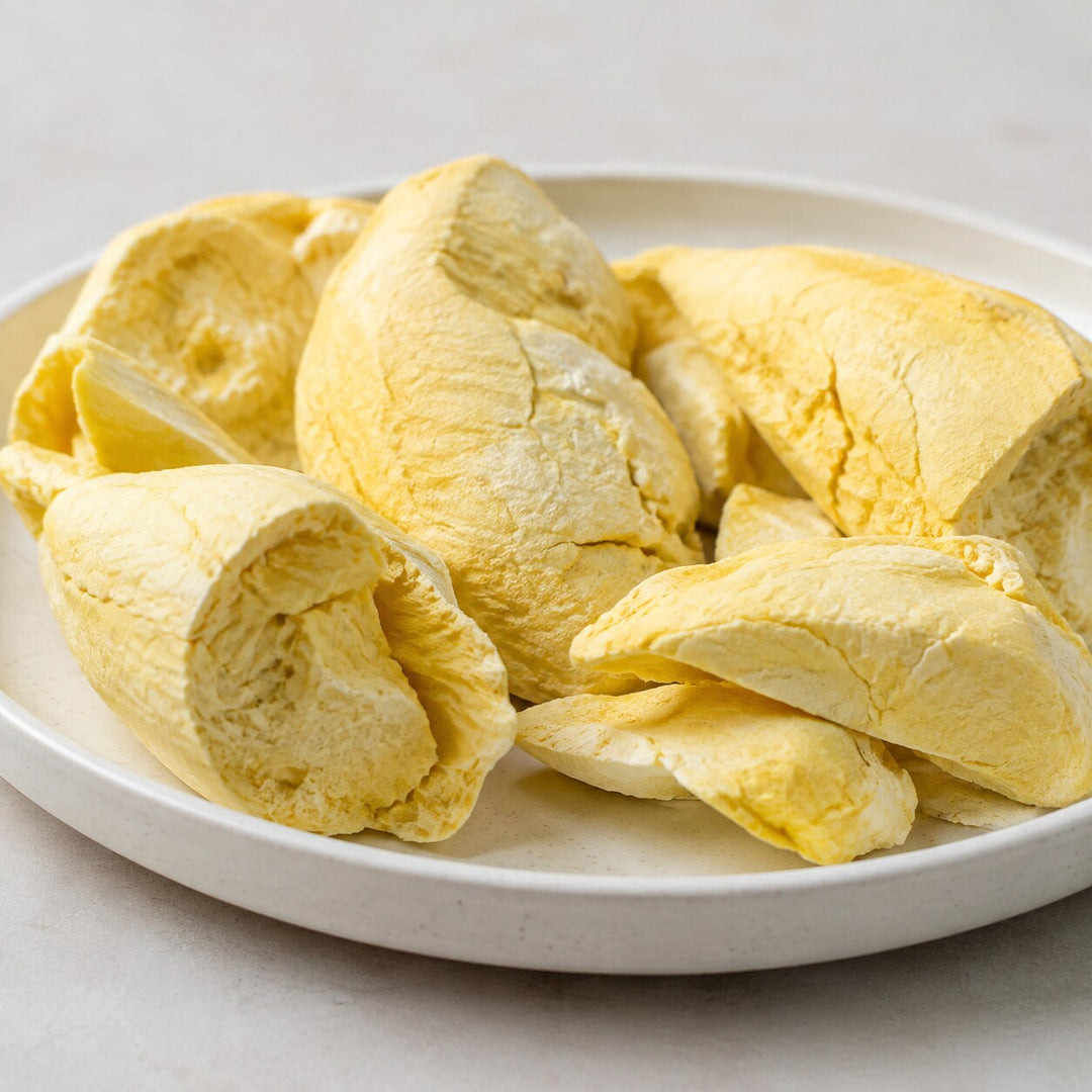 Close-up of authentic freeze-dried durian pieces