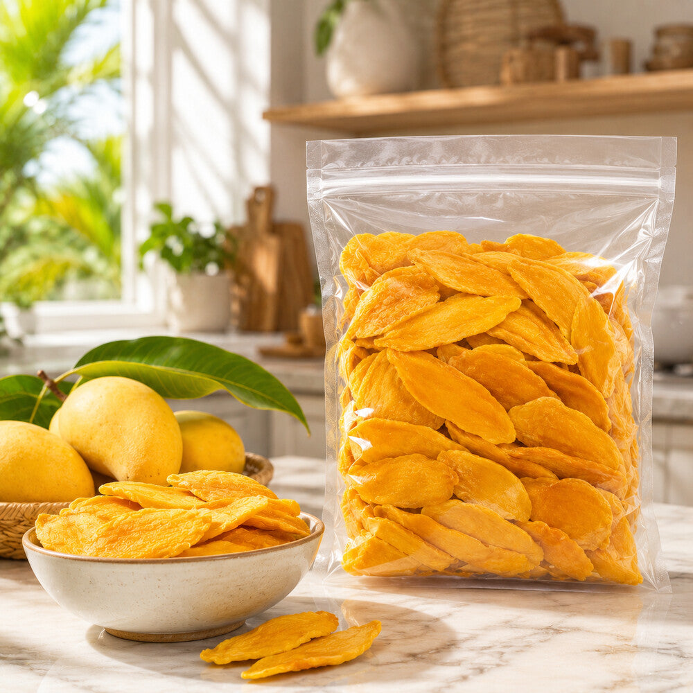Dried mango in a large clear pouch with fresh mango