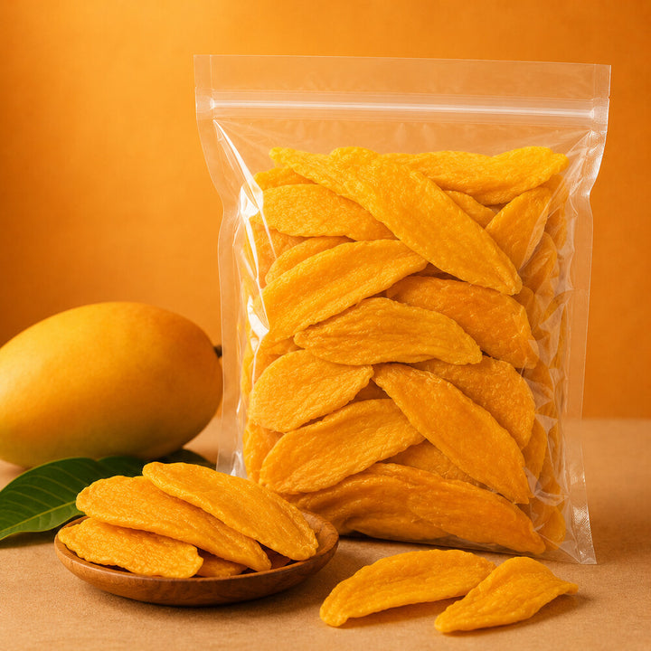 Dried mango in a large clear pouch with serving plate