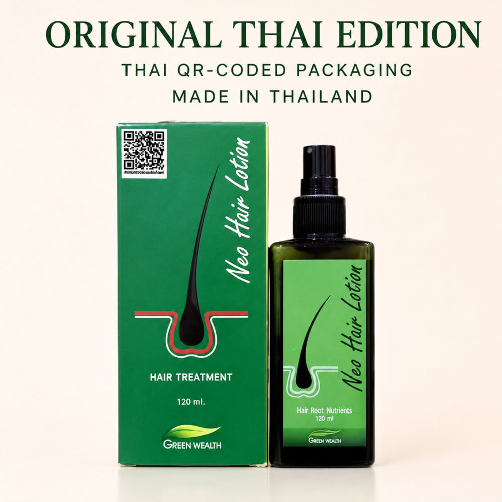 Green Wealth Neo Hair Lotion Thai edition bottle and QR-coded box