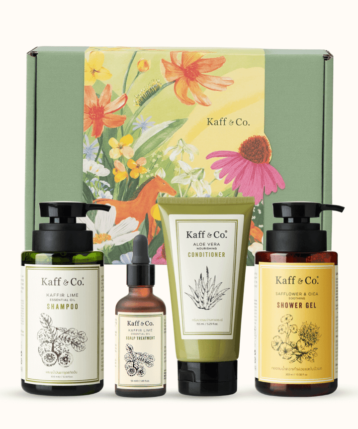 Kaff & Co gift set with shampoo shower gel conditioner and scalp treatment