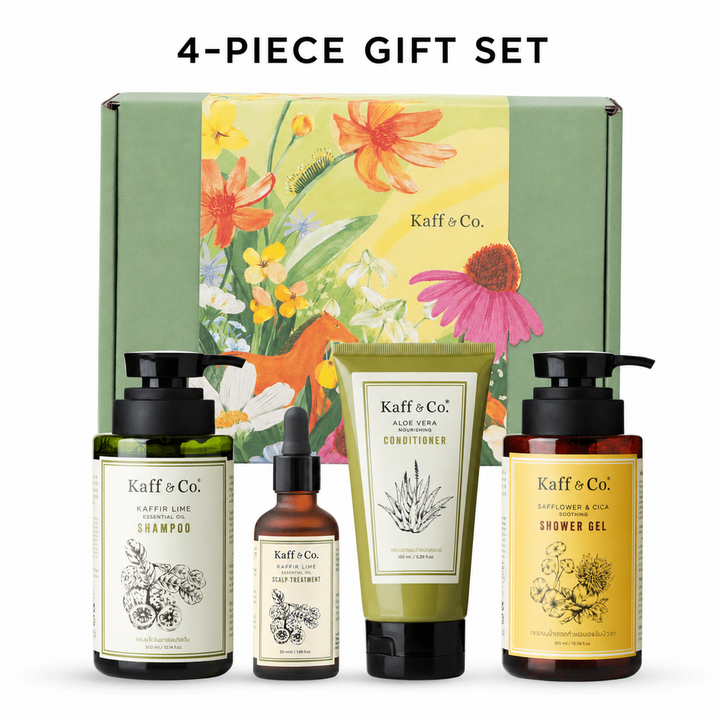 Kaff & Co four-piece Healthy Hair and Skin Care gift set with floral box