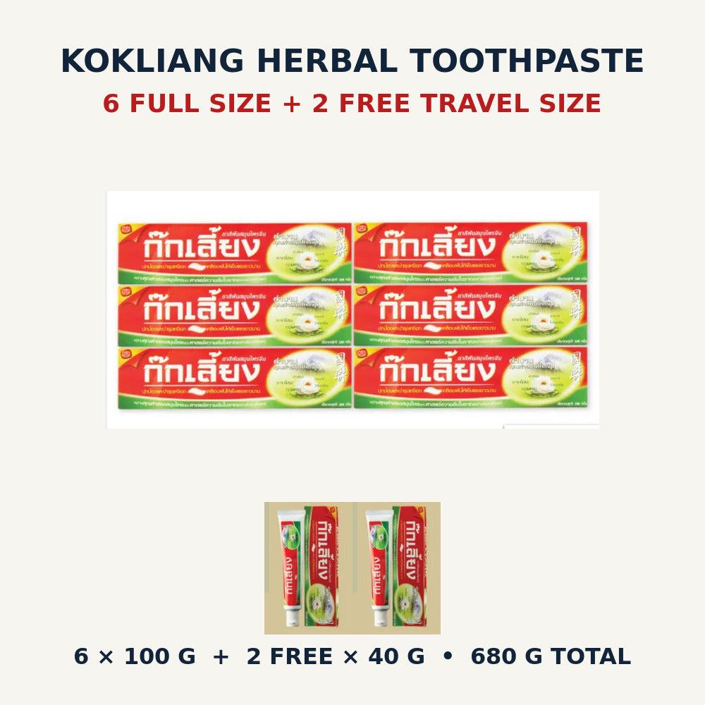 Kokliang Herbal Toothpaste value pack with six full-size and two free travel-size tubes