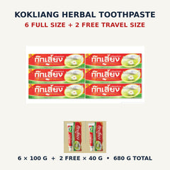 Kokliang Herbal Toothpaste value pack with six full-size and two free travel-size tubes