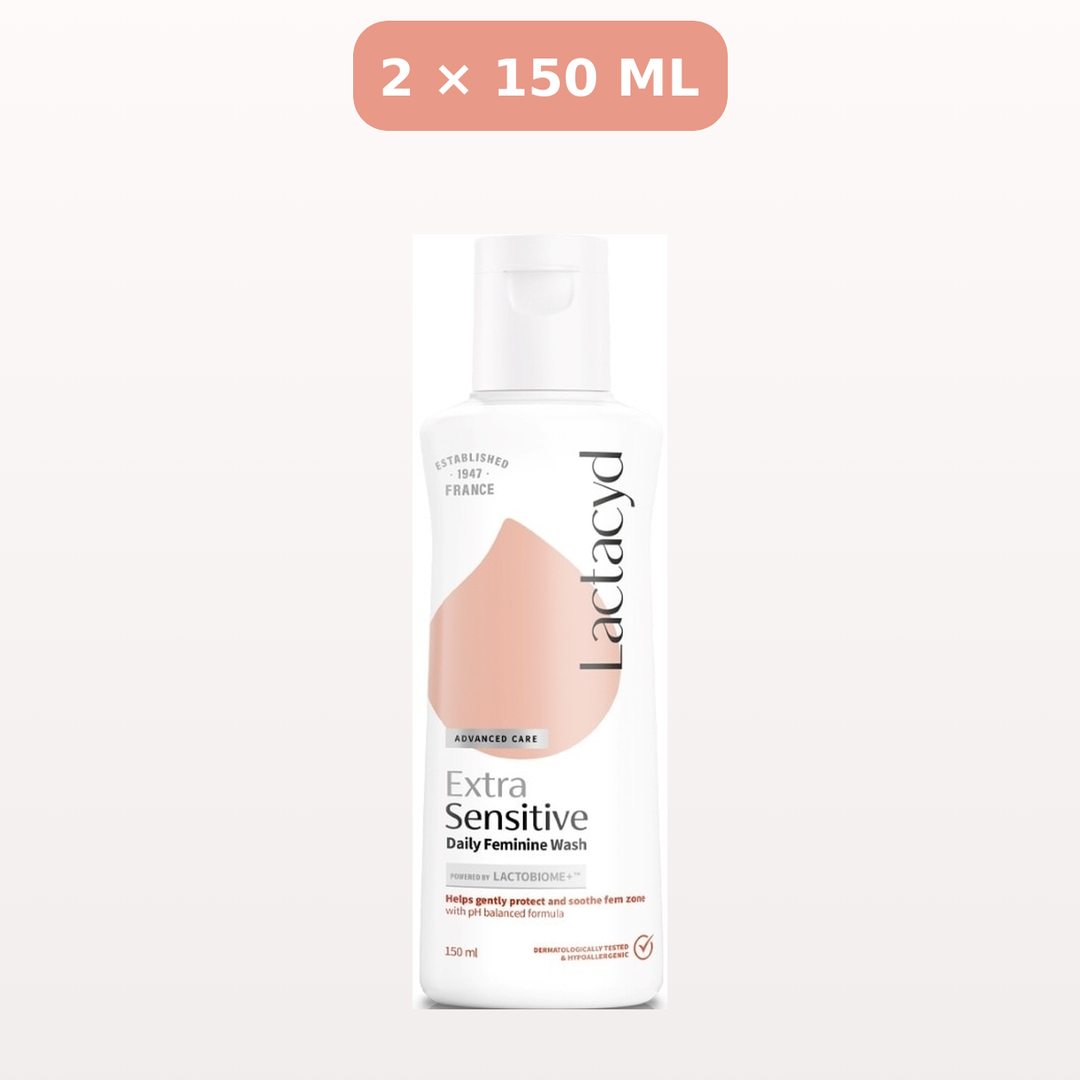 Lactacyd Extra Sensitive Daily Feminine Wash, sold as 2 × 150 ml