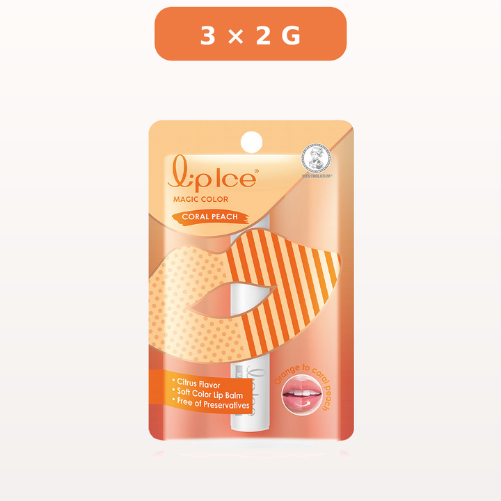 Lipice Magic Color Coral Peach Lip Balm, sold as 3 × 2 g