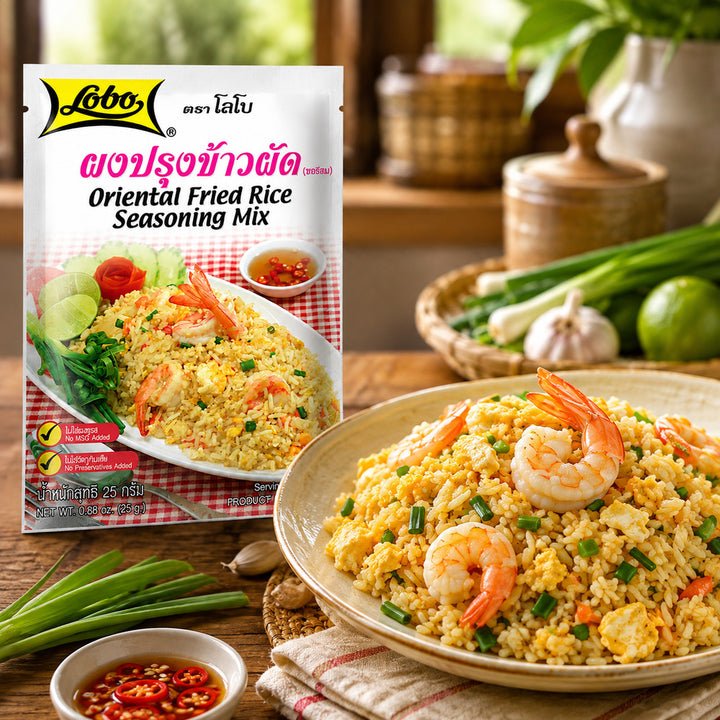 Lobo Oriental Fried Rice Seasoning Mix with prepared fried rice