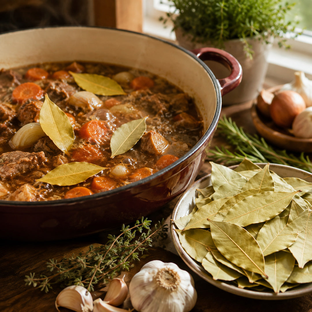Bay leaves used in a slow-cooked dish