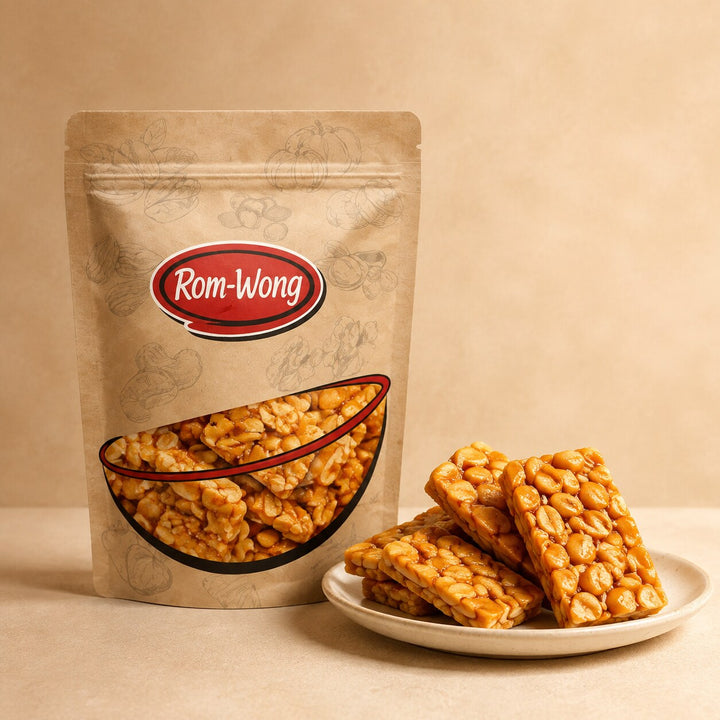 Rom-Wong peanut brittle bars with serving plate