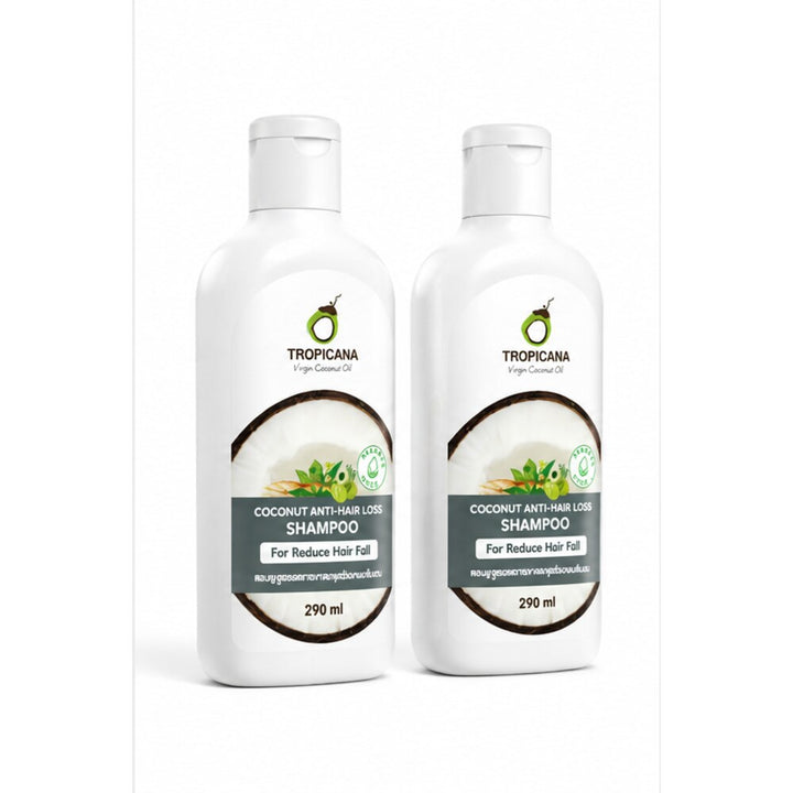 Tropicana Coconut Anti-Hair Loss Shampoo two-bottle set on white