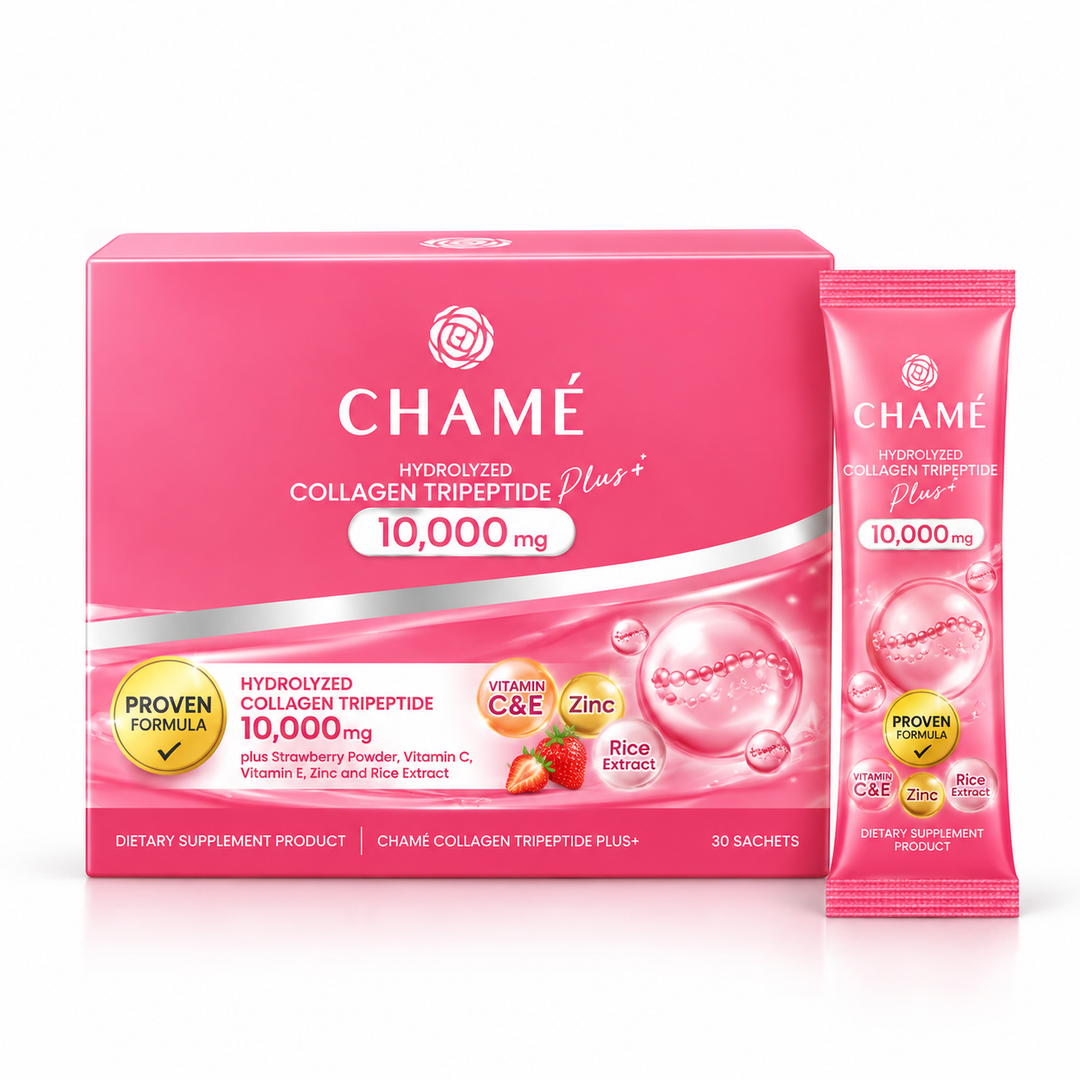 CHAMÉ Hydrolyzed Collagen Tripeptide Plus 10,000 mg — 15 g × 30 Sachets — 1, 2 or 3 Boxes — product packaging on white background