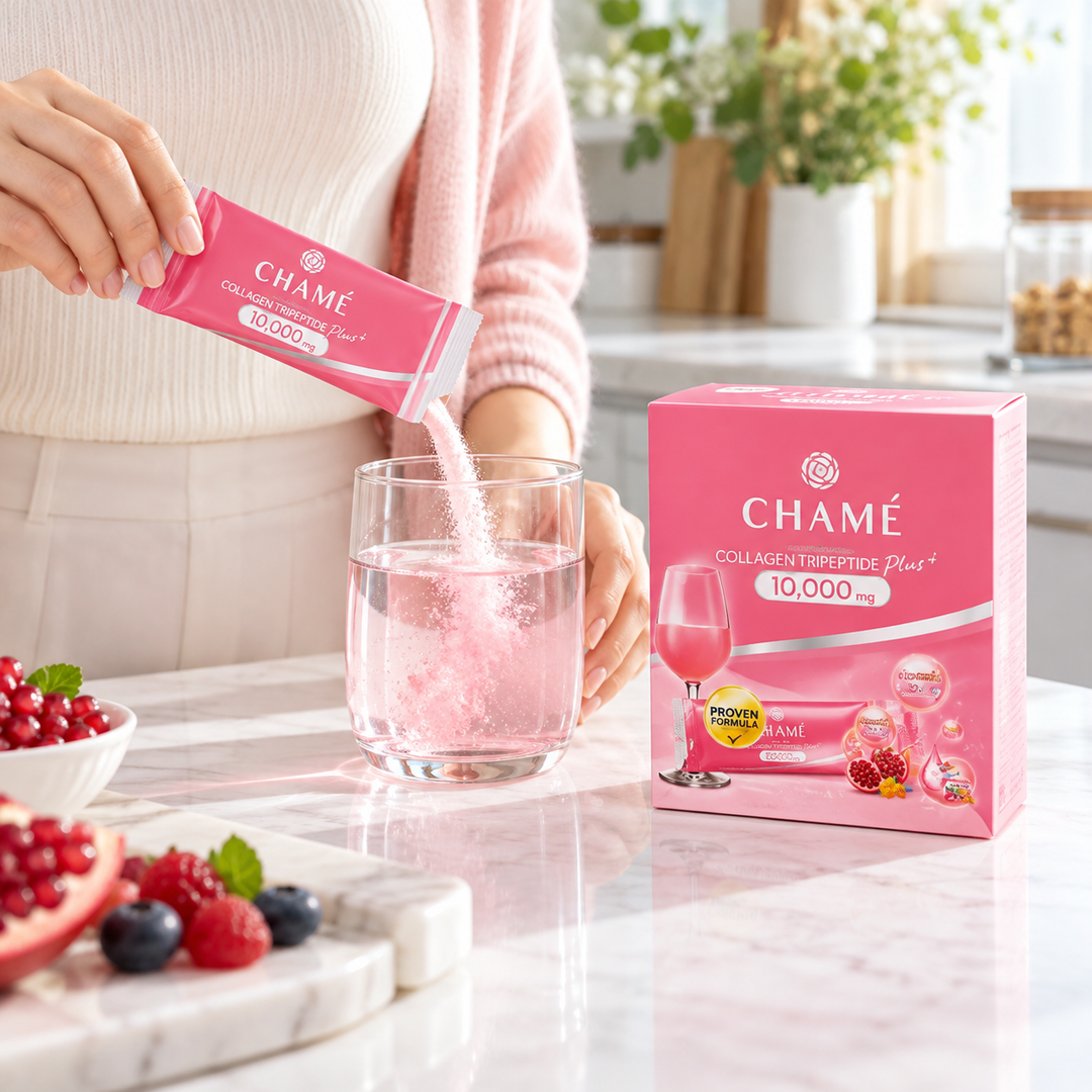 CHAMÉ Hydrolyzed Collagen Tripeptide Plus 10,000 mg — 15 g × 30 Sachets — 1, 2 or 3 Boxes — mix lifestyle image