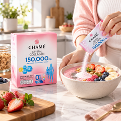 CHAMÉ Krystal Collagen 150,000 mg — 5.06 g × 30 Sachets — 1, 2 or 3 Boxes — breakfast lifestyle image