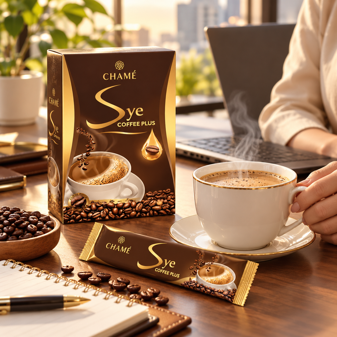 CHAMÉ Sye Coffee Plus Premium Arabica 15 g × 10 Sachets — Packs of 2, 4 or 6 Boxes — office lifestyle image