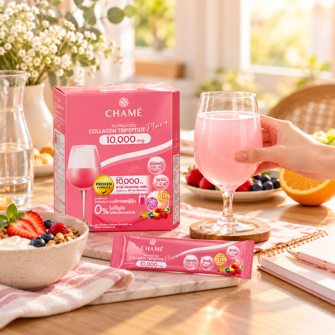CHAMÉ Hydrolyzed Collagen Tripeptide Plus 10,000 mg — 15 g × 6 Sachets — Packs of 2, 4 or 6 Boxes — breakfast lifestyle image