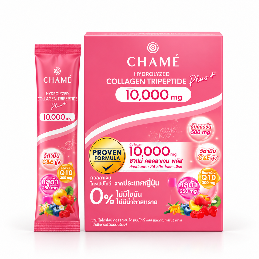 CHAMÉ Hydrolyzed Collagen Tripeptide Plus 10,000 mg — 15 g × 6 Sachets — Packs of 2, 4 or 6 Boxes — product packaging on white background