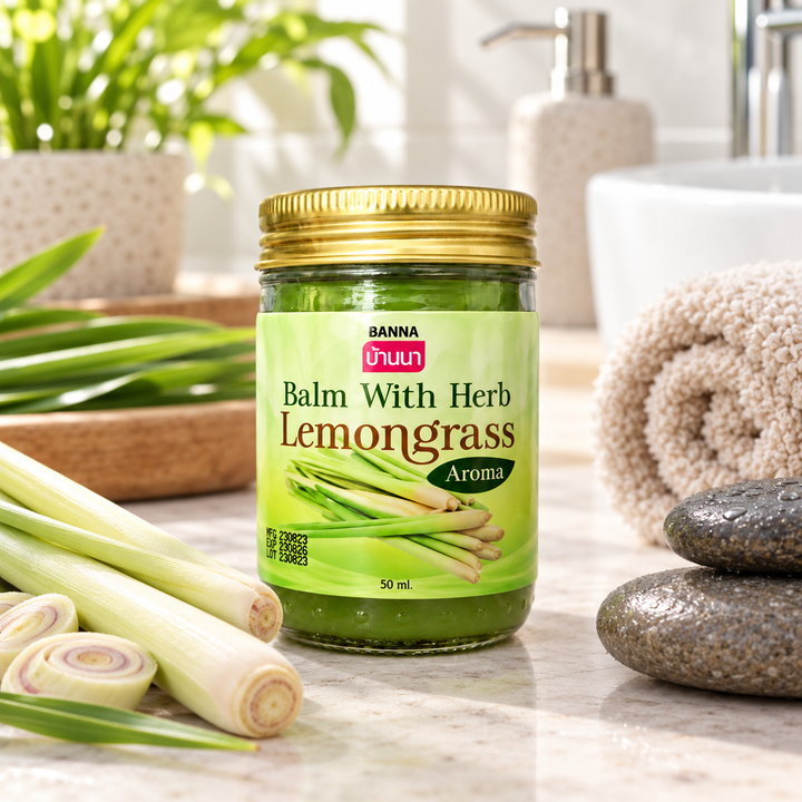 Banna Lemongrass Balm lifestyle flat lay
