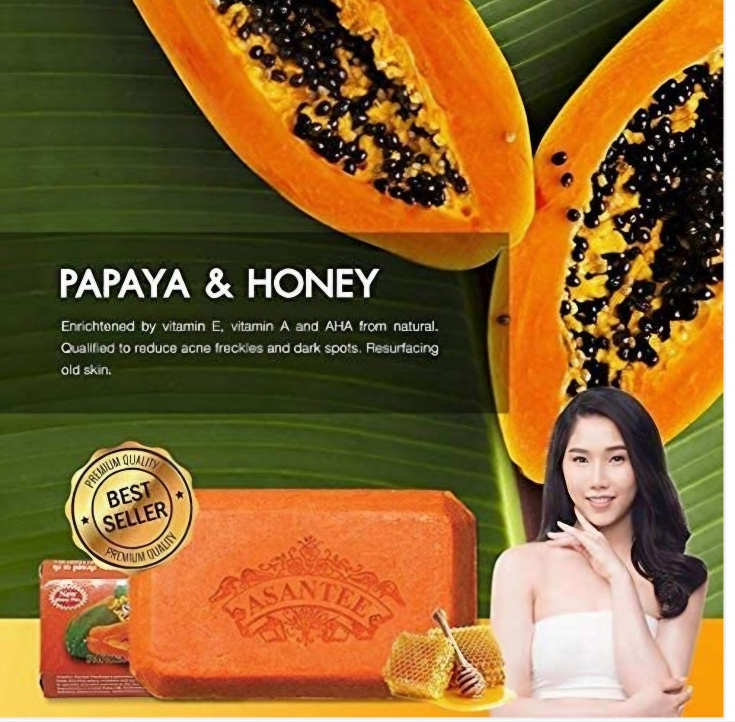 Asantee Papaya & Honey Soap – 6-Pack (6 x 125g) Natural Exfoliating & Hydrating Bar for Brighter Skin