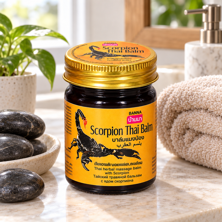 Banna Scorpion Thai Balm lifestyle flat lay