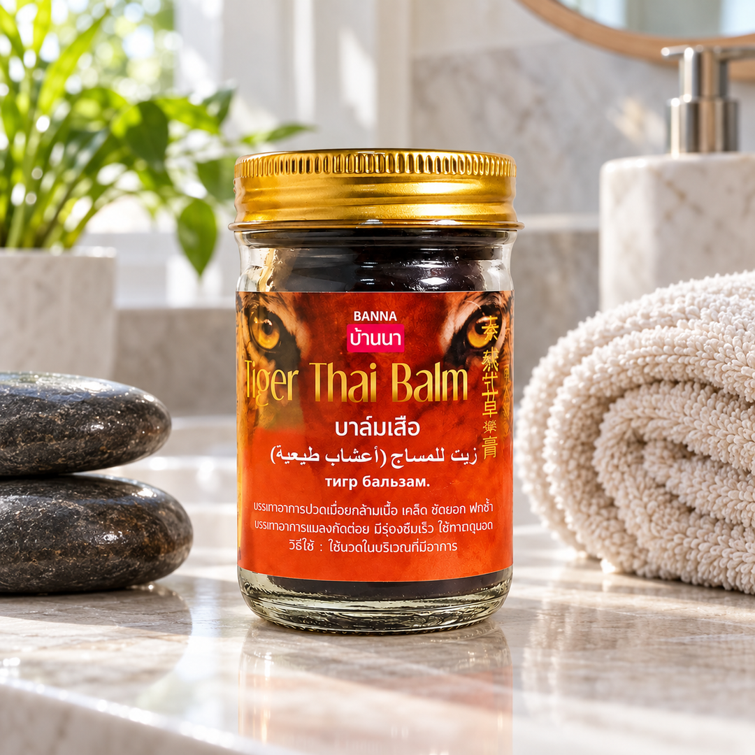 Banna Tiger Thai Balm lifestyle flat lay