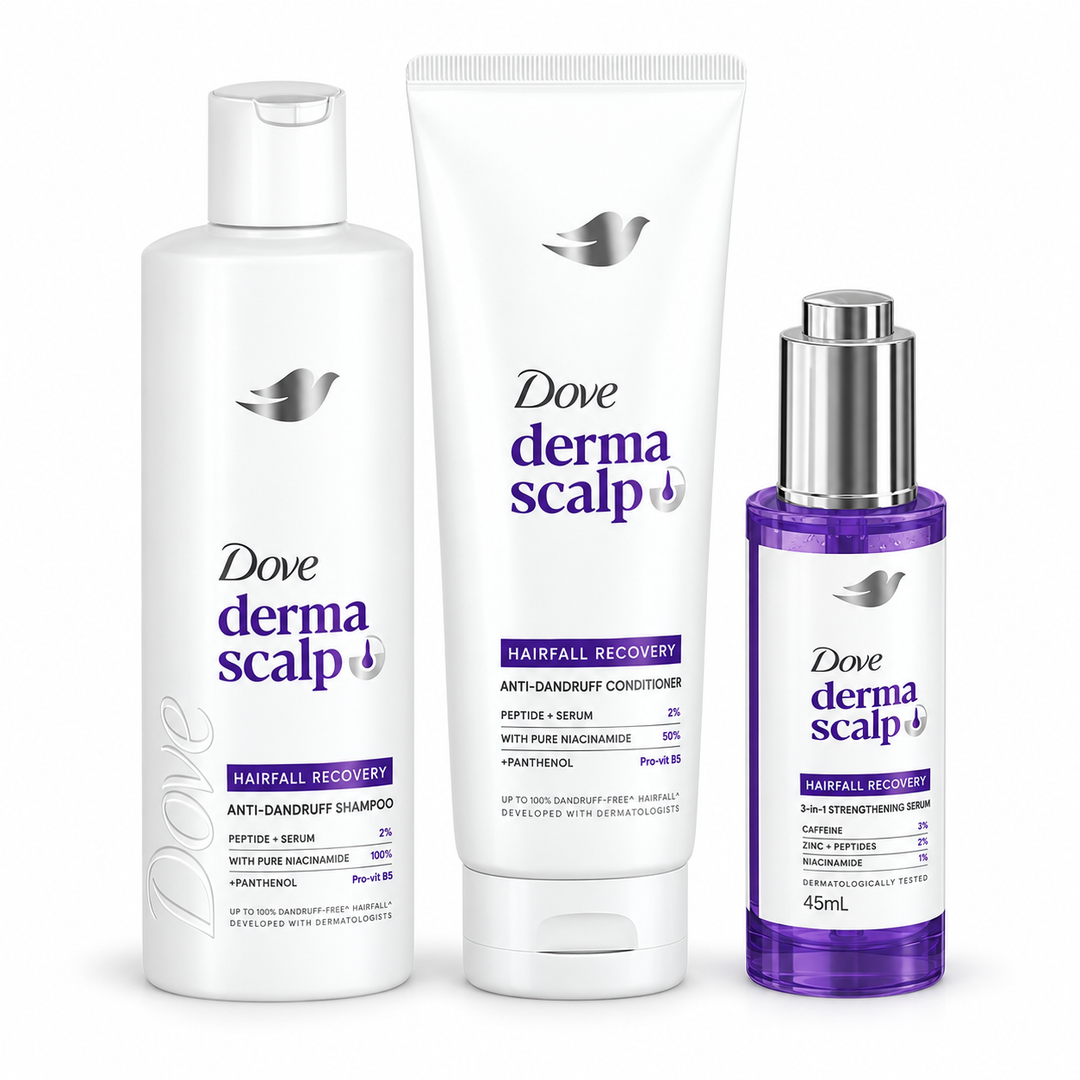 Dove Derma Scalp Care 3-Step Set - Shampoo 350 ml, Conditioner 350 ml & Serum 45 ml - product image on white background