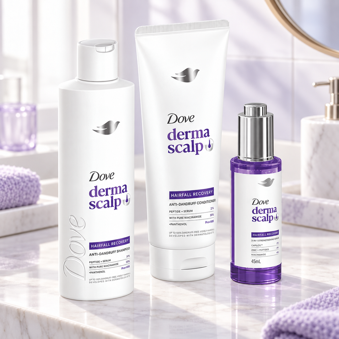Dove Derma Scalp Care 3-Step Set - Shampoo 350 ml, Conditioner 350 ml & Serum 45 ml - lifestyle image