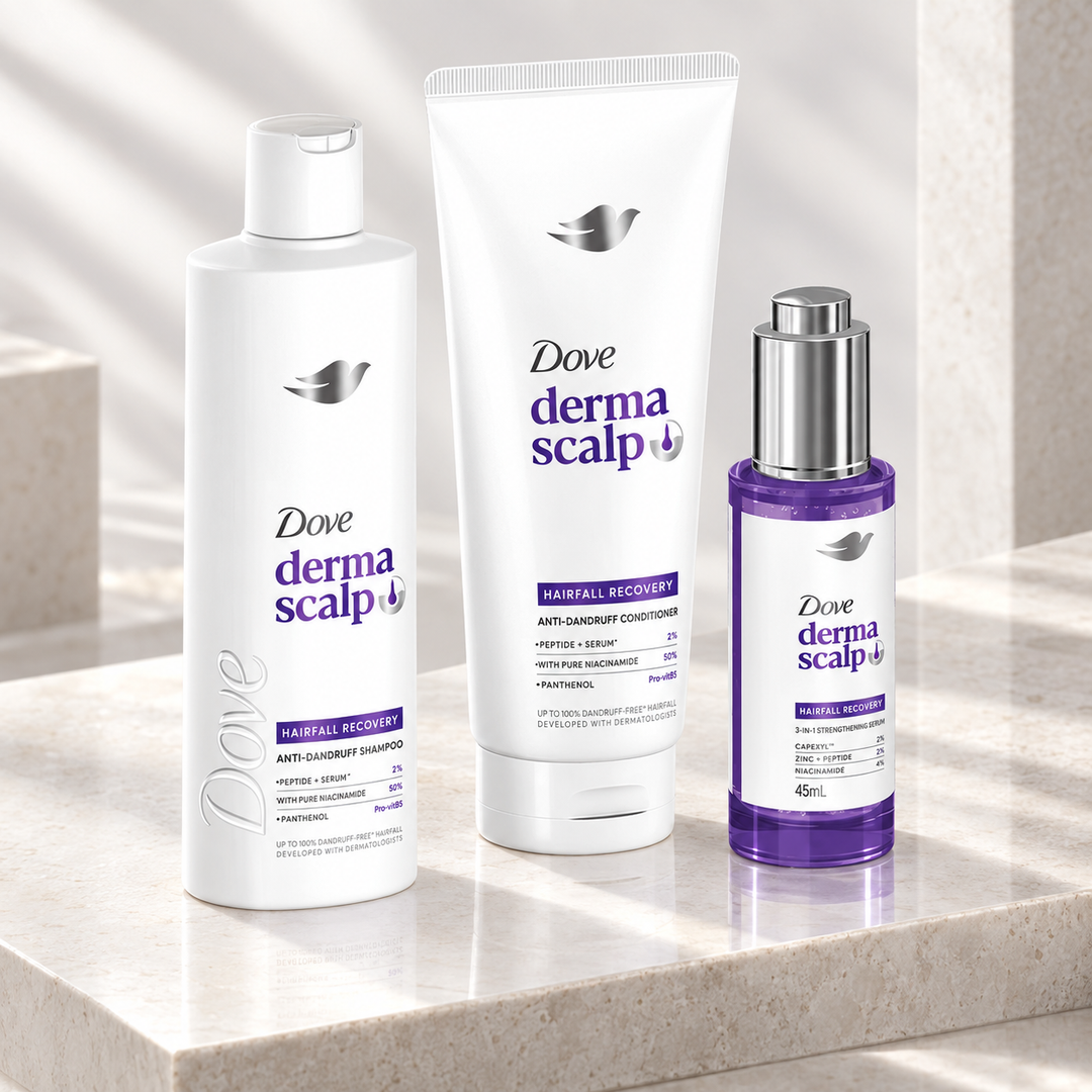 Dove Derma Scalp Care 3-Step Set - Shampoo 350 ml, Conditioner 350 ml & Serum 45 ml - lifestyle image