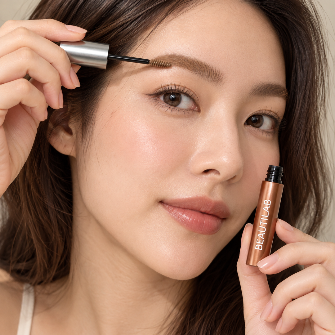 BEAUTILAB 04 Soft Caramel eyebrow mascara — illustrated brow application