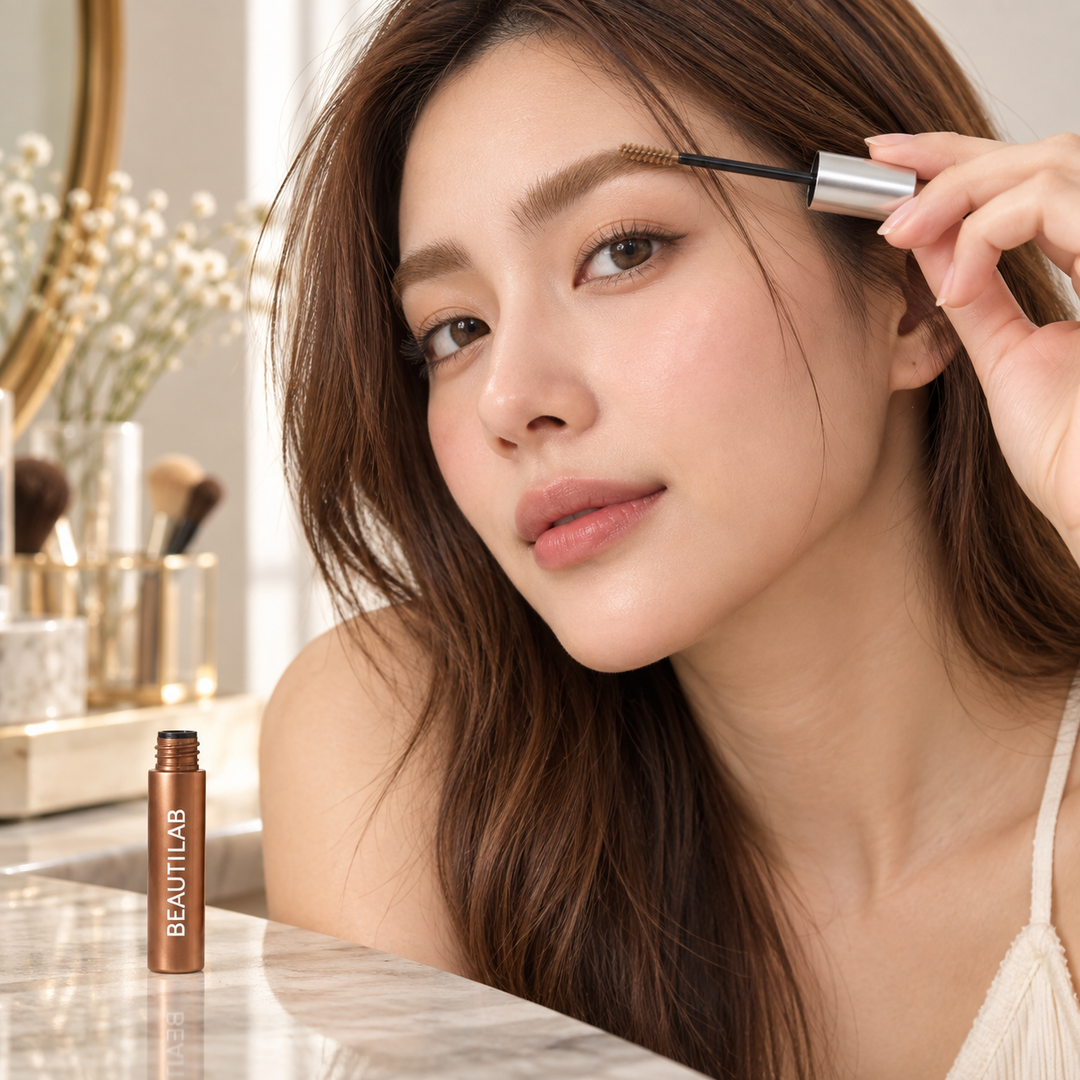BEAUTILAB 04 Soft Caramel eyebrow mascara — illustrated brow application