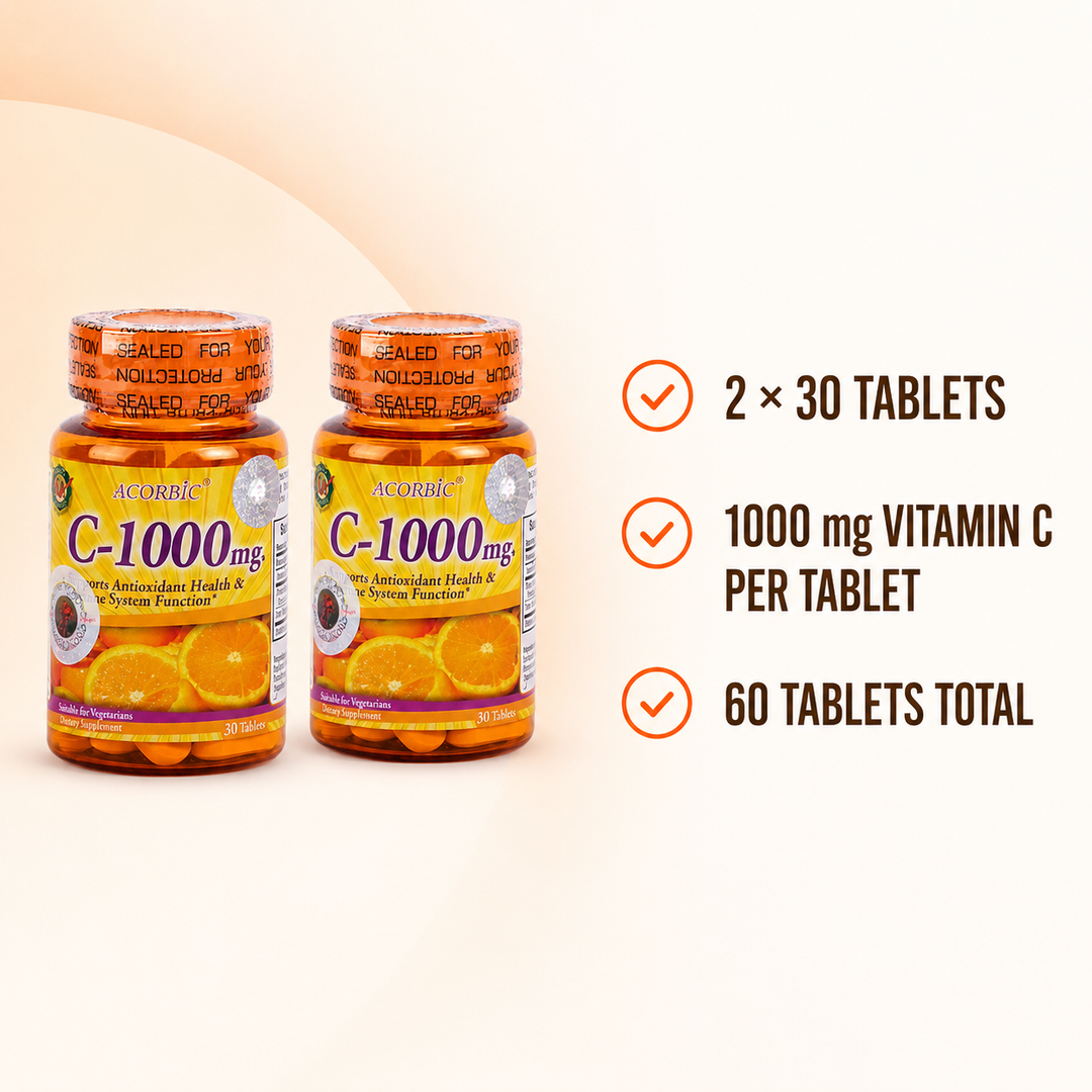 ACORBIC C-1000 mg bundle details showing two bottles and 60 tablets total