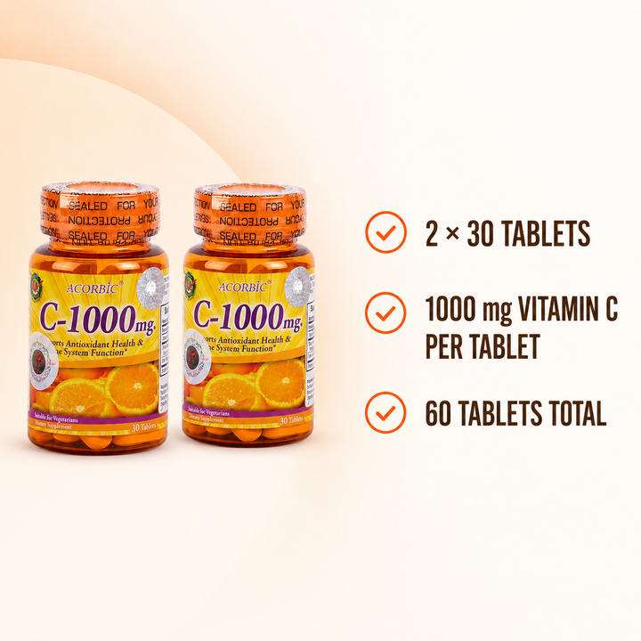 ACORBIC C-1000 mg bundle details showing two bottles and 60 tablets total