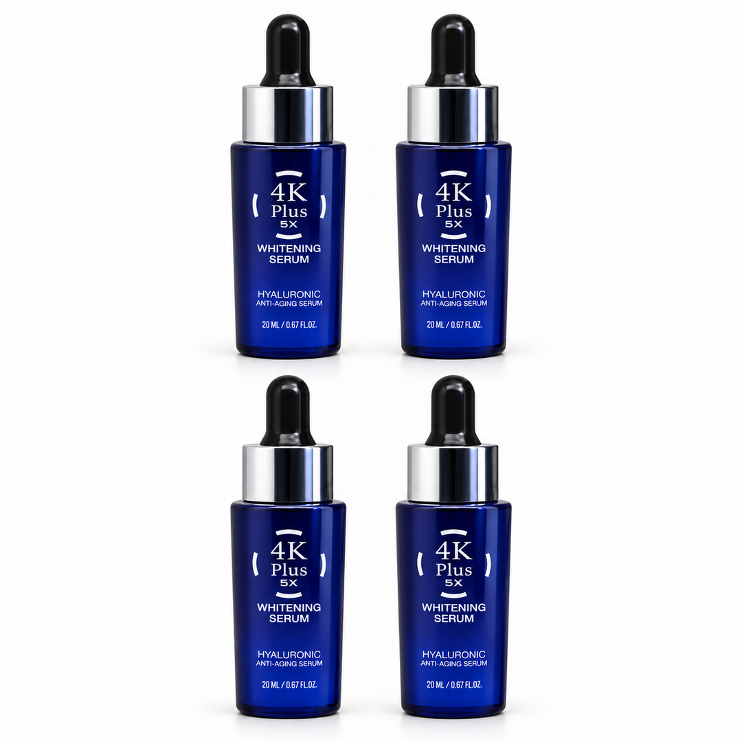 4K Plus 5X Hyaluronic Facial Serum 20 ml — pack of 4, exactly 4 identical units shown on white background.