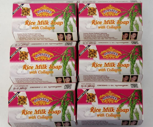 Asantee Rice Milk Soap with Collagen & Honey – Whitening, Moisturizing & Anti-Aging – 6 Bars x 125g – Natural Thai Herbal Soap