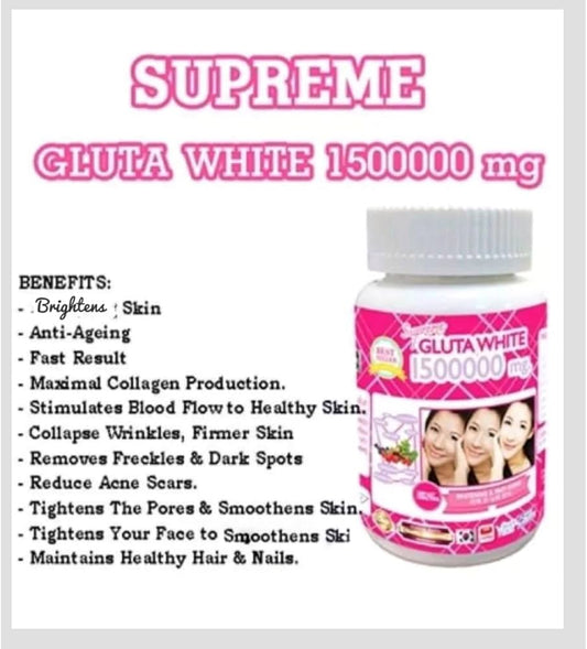 Supreme Gluta White 150000mg – Advanced Skin Whitening & Brightening Supplement – 30 capsules, 2boxs = 60 capsules