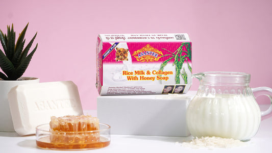 Asantee Rice Milk Soap with Collagen & Honey – Whitening, Moisturizing & Anti-Aging – 6 Bars x 125g – Natural Thai Herbal Soap