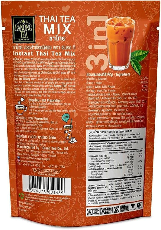 Ranong Instant Thai Tea Mix – Authentic Thai Flavor, 10 Sachets x 2 Packs