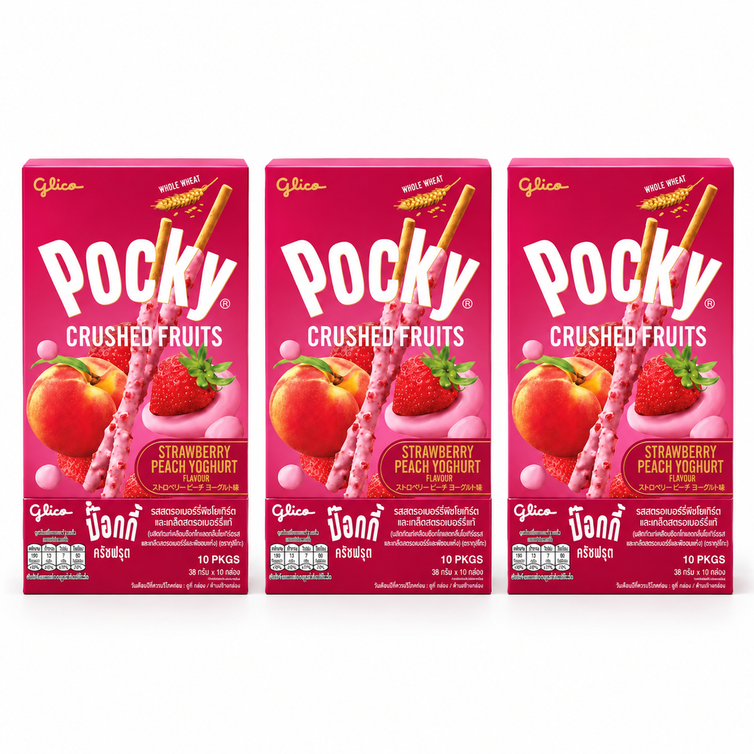 Glico Pocky Crushed Fruits Strawberry Peach Yoghurt – 38 g – 3 Boxes