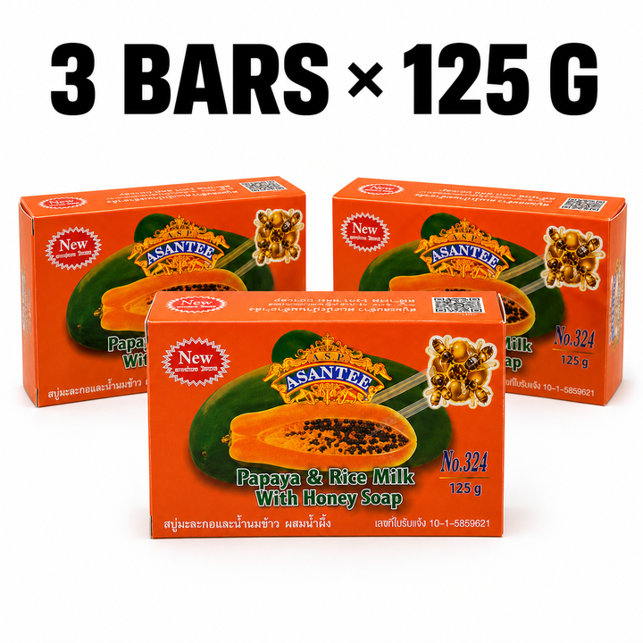 ASANTEE Papaya & Rice Milk with Honey Soap No.324 – 3 Bars × 125 g
