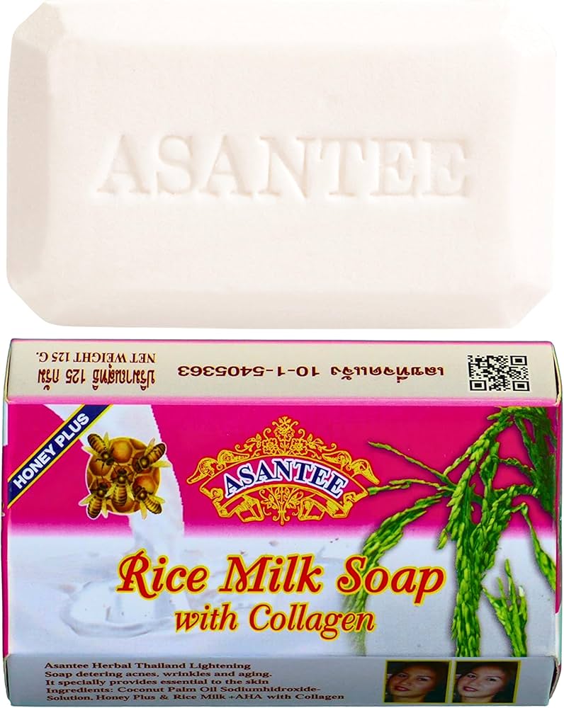 Asantee Rice Milk Soap with Collagen & Honey – Whitening, Moisturizing & Anti-Aging – 6 Bars x 125g – Natural Thai Herbal Soap