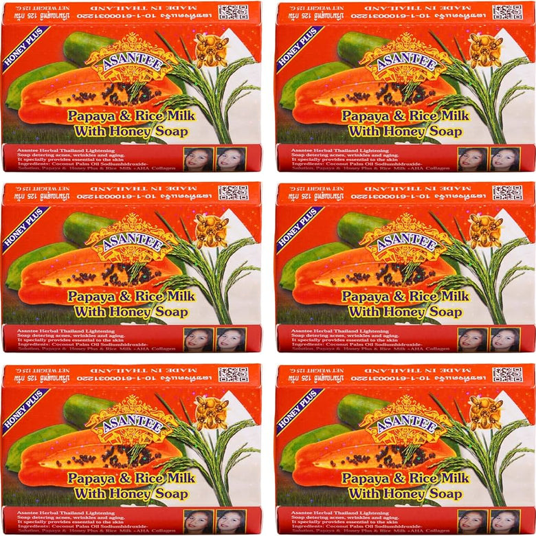 Asantee Papaya & Rice Milk Herbal Soap – Skin Brightening, Exfoliating & Moisturizing – 6 Bars x 125g – Thai Natural Whitening Soap