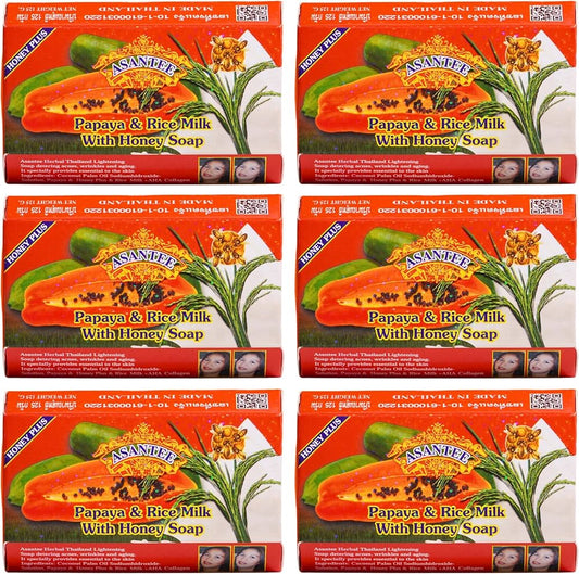 Asantee Papaya & Rice Milk Herbal Soap – Skin Brightening, Exfoliating & Moisturizing – 6 Bars x 125g – Thai Natural Whitening Soap