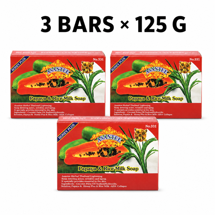 Three boxes of ASANTEE Papaya & Rice Milk Soap No.331, 125 g