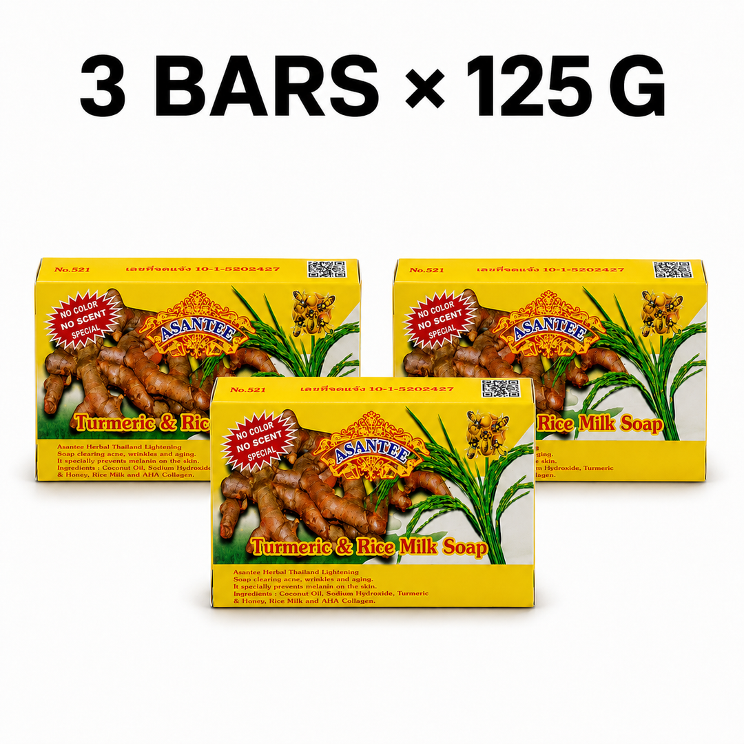 Three boxed bars of ASANTEE Turmeric and Rice Milk Soap No. 521, 125 g each