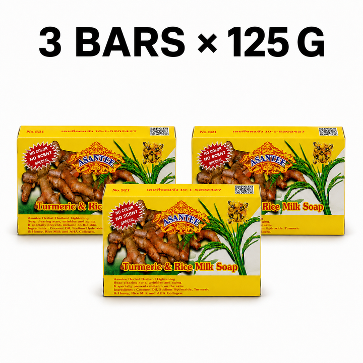 Three boxed bars of ASANTEE Turmeric and Rice Milk Soap No. 521, 125 g each