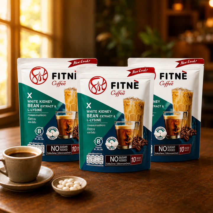 FITNE White Kidney Bean Extract and L-Lysine Coffee 3-pack bundle in a warm cafe setting