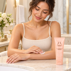 BEAUTILAB Peach Nectar Body Lotion — woman applying lotion to her forearm, tube beside her