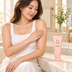 BEAUTILAB Peach Nectar Body Lotion — woman applying lotion to her upper arm, tube beside her