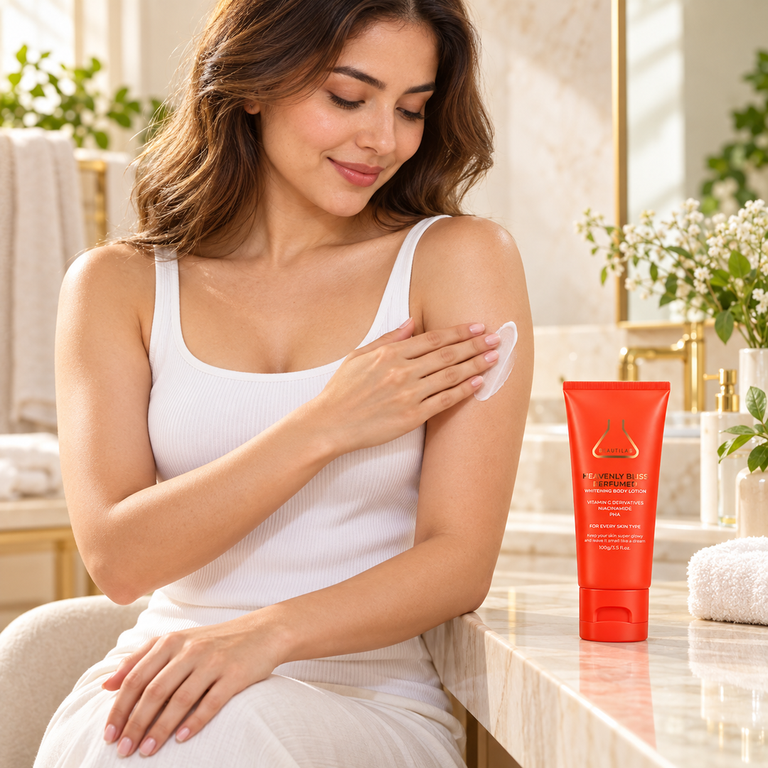 BEAUTILAB Heavenly Bliss Body Lotion — woman applying lotion to her upper arm, tube beside her