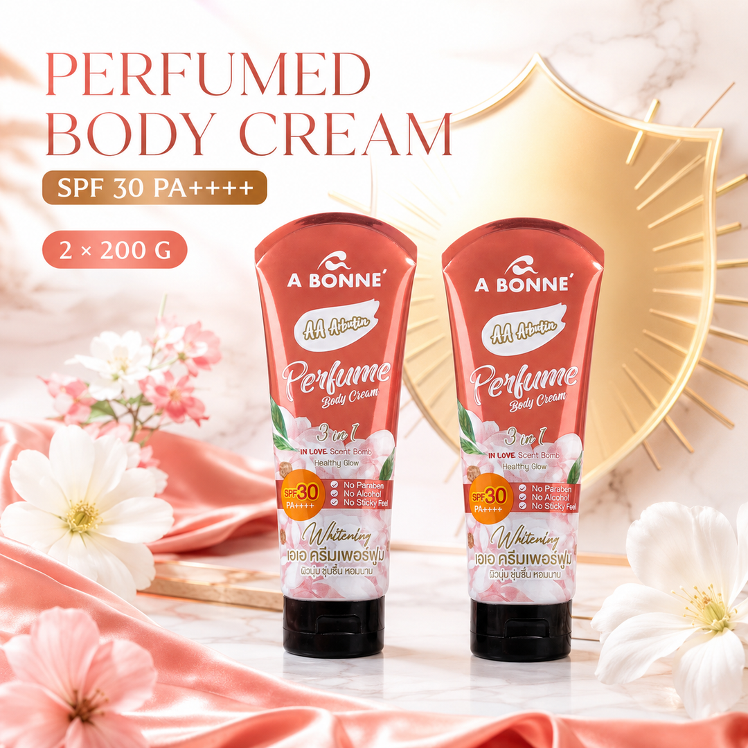 Two A BONNE AA Arbutin Perfume Body Cream tubes in a daily body-care setting
